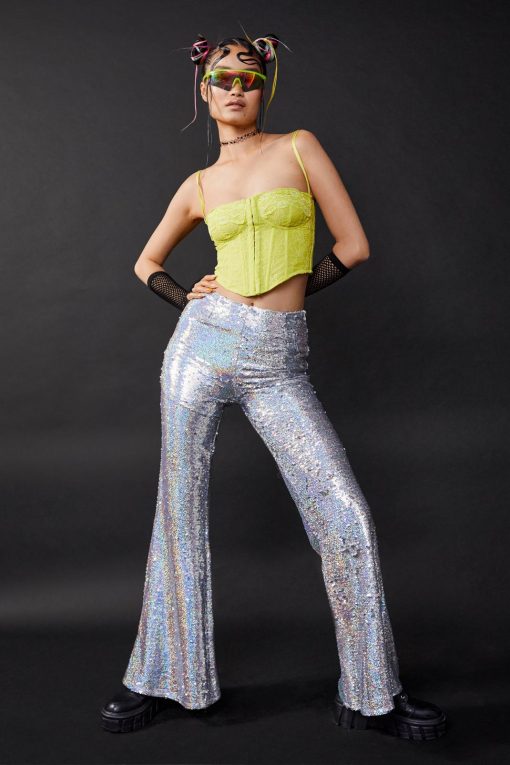 Mermaid Iridescent Sequin Flare Pants -The Partys Outfit womens silver mermaid iridescent sequin flare pants