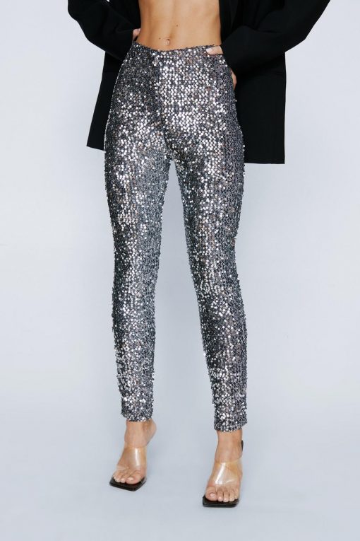 Petite Pants Petite All-Over Sequin Leggings -The Partys Outfit womens silver petite all over sequin leggings 1