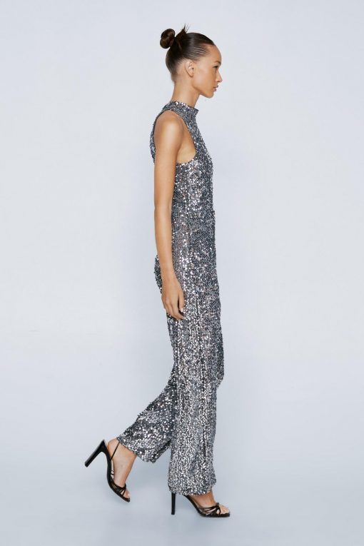 Going Out Jumpsuits Petite High Neck Sequin Jumpsuit -The Partys Outfit womens silver petite high neck sequin jumpsuit 1