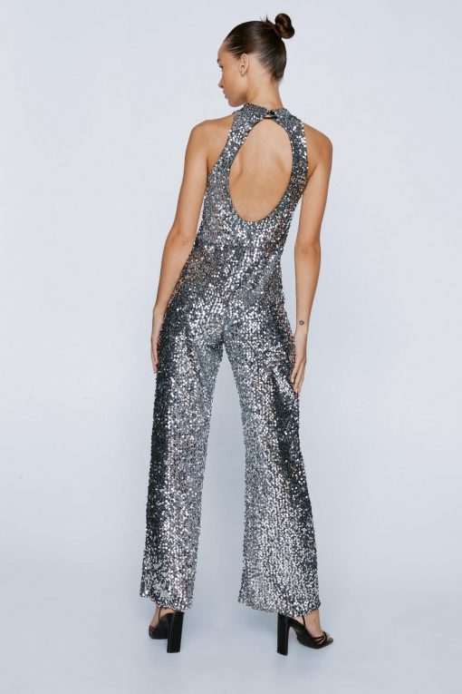 Going Out Jumpsuits Petite High Neck Sequin Jumpsuit -The Partys Outfit womens silver petite high neck sequin jumpsuit