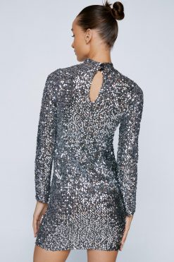 Sequin Dresses Petite Sequin Long Sleeve Mini Dress -The Partys Outfit womens silver petite sequin long sleeve mini dress 2