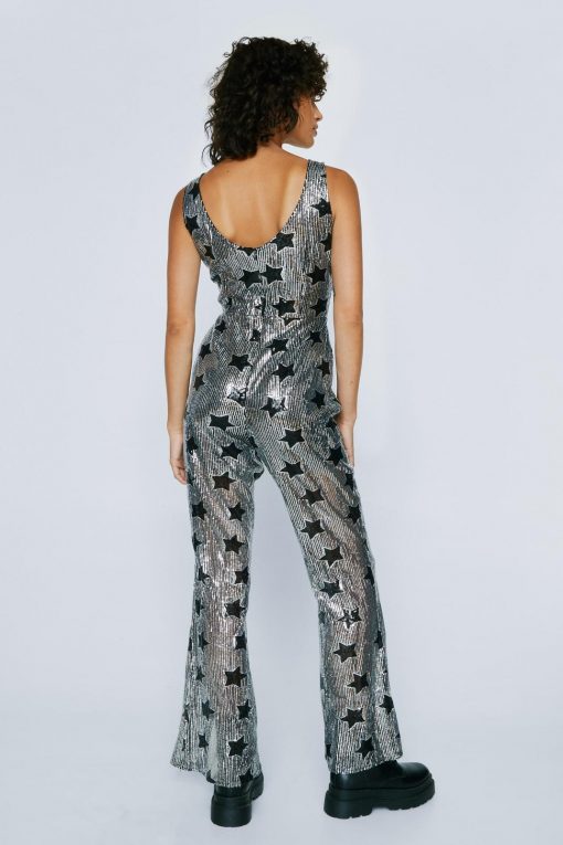 Going Out Jumpsuits Petite Star Sequin Cut Out Jumpsuit -The Partys Outfit womens silver petite star sequin cut out jumpsuit 2