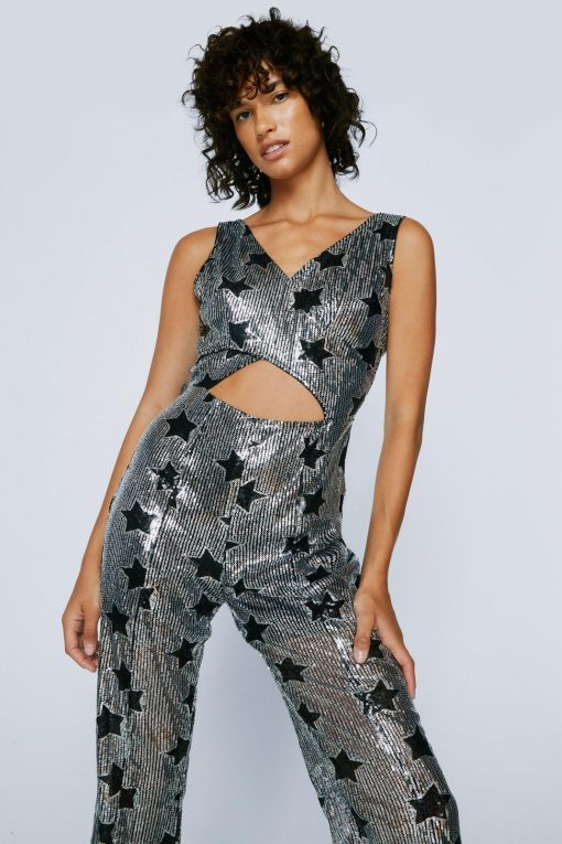 Going Out Jumpsuits Petite Star Sequin Cut Out Jumpsuit -The Partys Outfit womens silver petite star sequin cut out jumpsuit