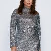 Dresses Plus Size Sequin Long Sleeve Mini Dress -The Partys Outfit womens silver plus size sequin long sleeve mini dress