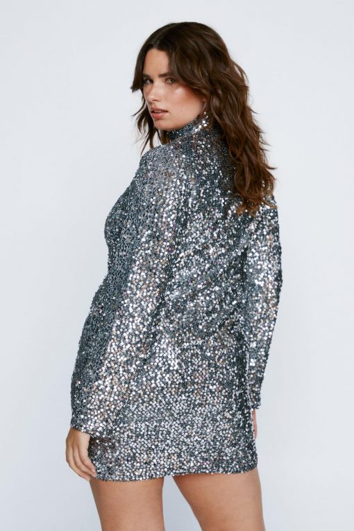 Dresses Plus Size Sequin Long Sleeve Mini Dress -The Partys Outfit womens silver plus size sequin long sleeve mini dress 2