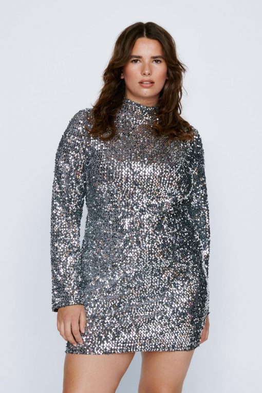 Dresses Plus Size Sequin Long Sleeve Mini Dress -The Partys Outfit womens silver plus size sequin long sleeve mini dress