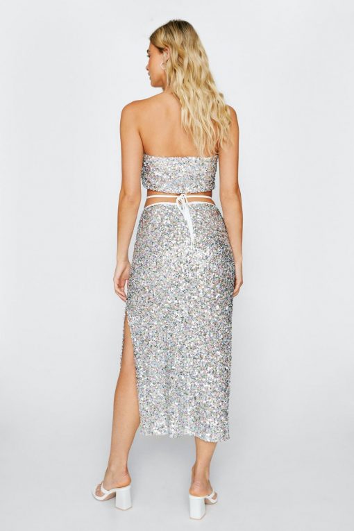 Party Outfits Sequin Bandeau Crop Top And Midi Skirt -The Partys Outfit womens silver sequin bandeau crop top and midi skirt 1