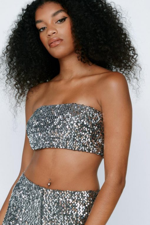 Party Outfits Sequin Bandeau Crop Top -The Partys Outfit womens silver20grey sequin bandeau crop top