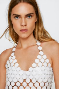 New Disc Chainmail Sequin Halter Mini Dress -The Partys Outfit womens white disc chainmail sequin halter mini dress 1