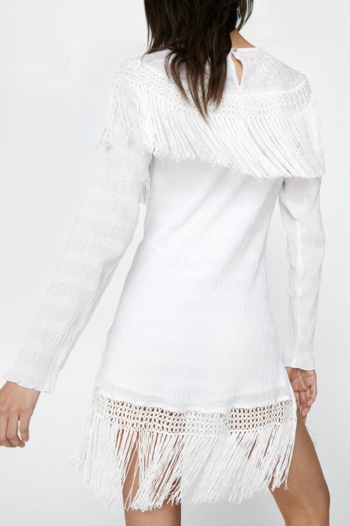 Shift Dresses Lace And Fringe Mini Dress -The Partys Outfit womens white lace and fringe mini dress 2