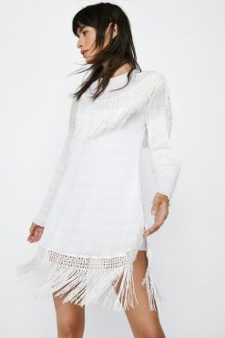 Shift Dresses Lace And Fringe Mini Dress -The Partys Outfit womens white lace and fringe mini dress 3