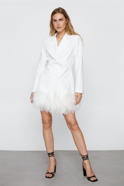 Bodycon Dresses Premium Feather Trimmed Blazer Dress -The Partys Outfit womens white premium feather trimmed blazer dress 3