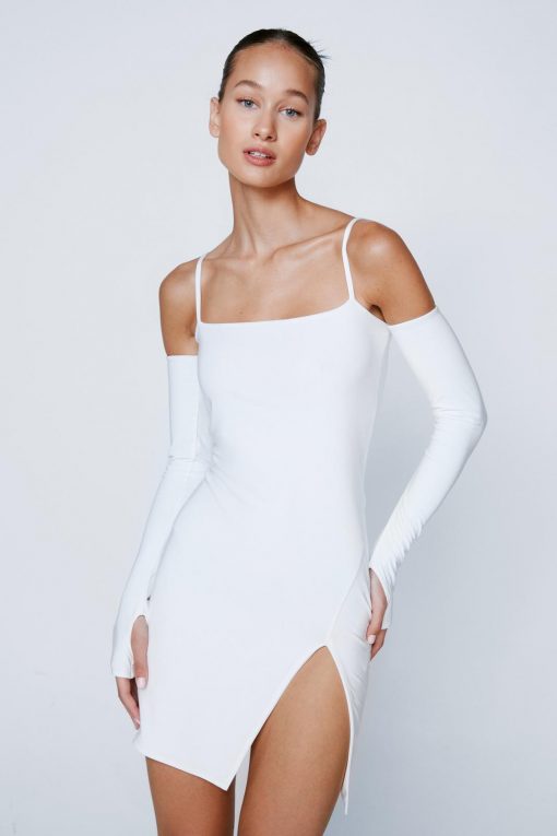 Party Dresses Thumbhole Sleeves Slinky Mini Bodycon Dress -The Partys Outfit womens white thumbhole sleeves slinky mini bodycon dress 1