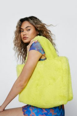 New Faux Fur Square Day Bag -The Partys Outfit womens yellow faux fur square day bag 3